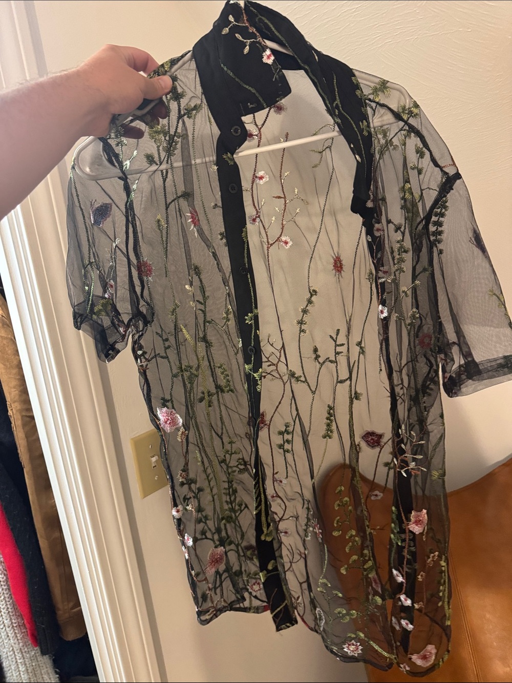 Sheer Black Embroidered Floral Button-Front Cover-Up